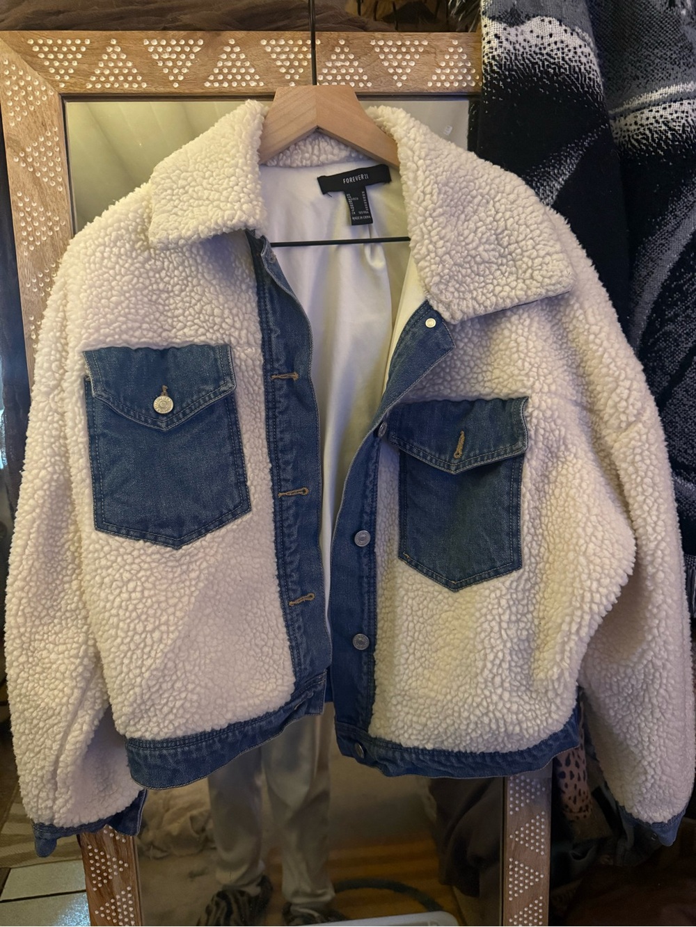 Forever 21 Cream Sherpa Jacket with Blue Denim Accents